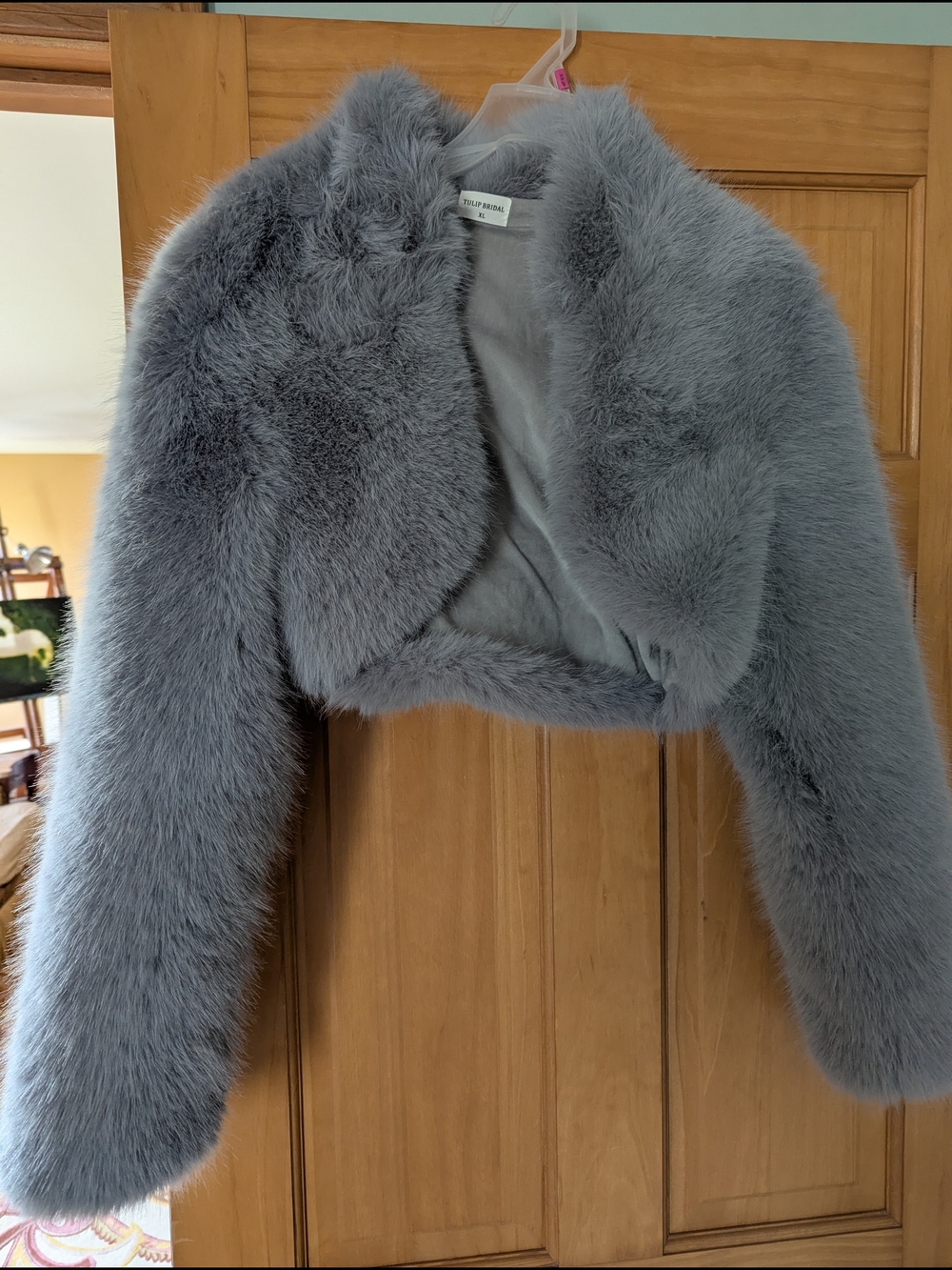 Faux Fur Cropped Bolero Jacket in Dusty Blue